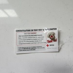 American Red Cross First Blood Donation Thank You Pin Badge